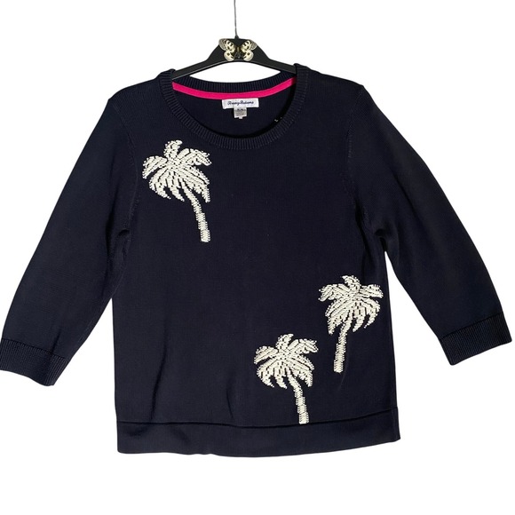 Tommy Bahama Navy Blue Palm Tree Embroidered 3/4 Sleeve Knit Sweater Size Medium - Picture 1 of 9